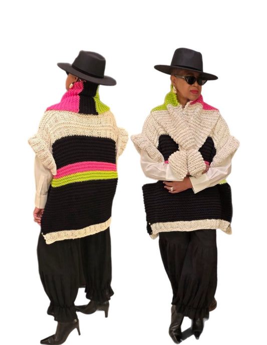 Sassy Split Sweater and Scarf in pink, lime, and black accents 