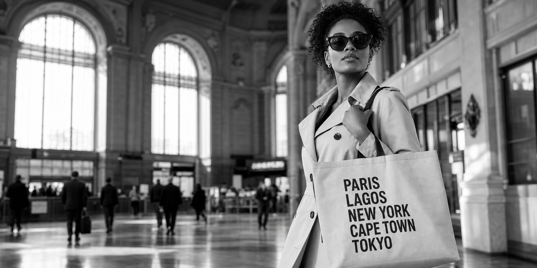 Stylish traveler carrying a tote in a bright transit space